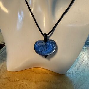 Murano Women’s Dichroic Glass Heart Pendant Electric Blue Black Rope Chain